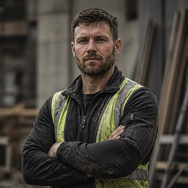 Builder in a hi-vis vest and black Tauro workwear