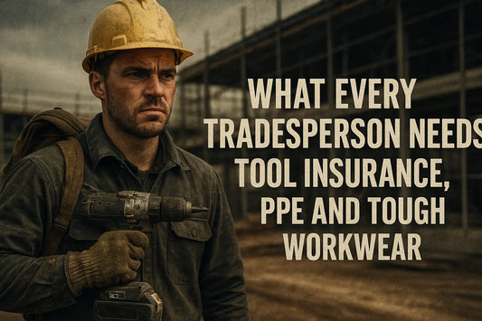 Man in hard hat holding a drill with text about tool insurance, PPE, and workwear on a construction site.