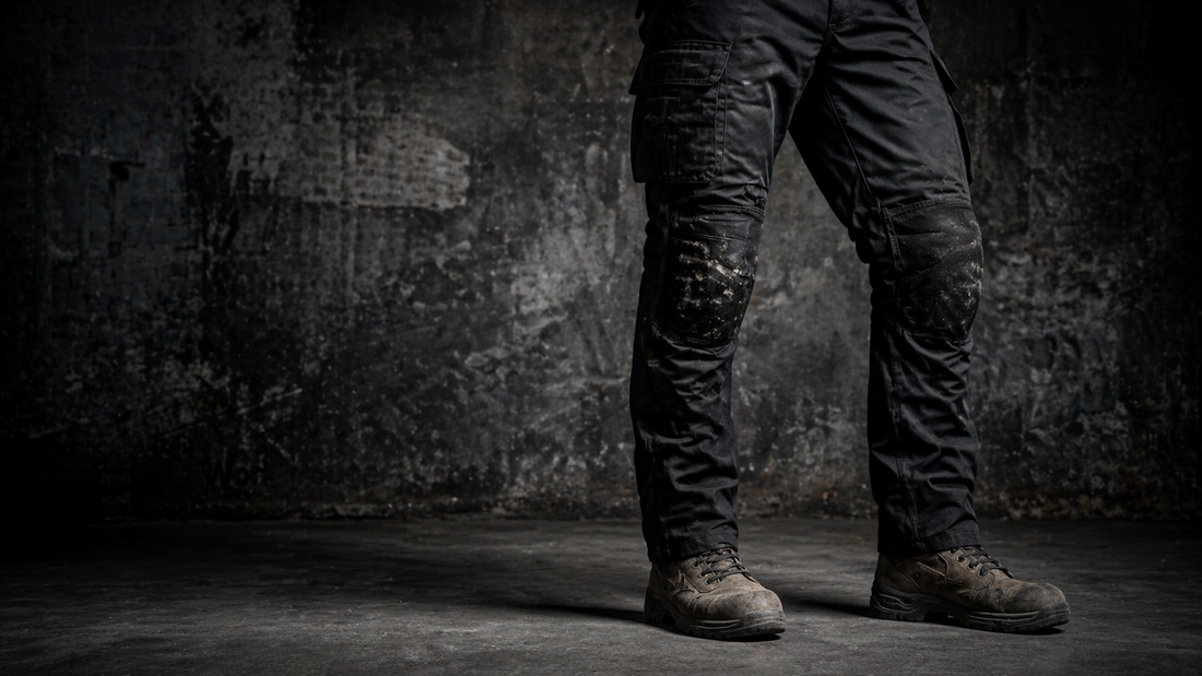 Black slim fit work trousers and boots against a dark concrete wall