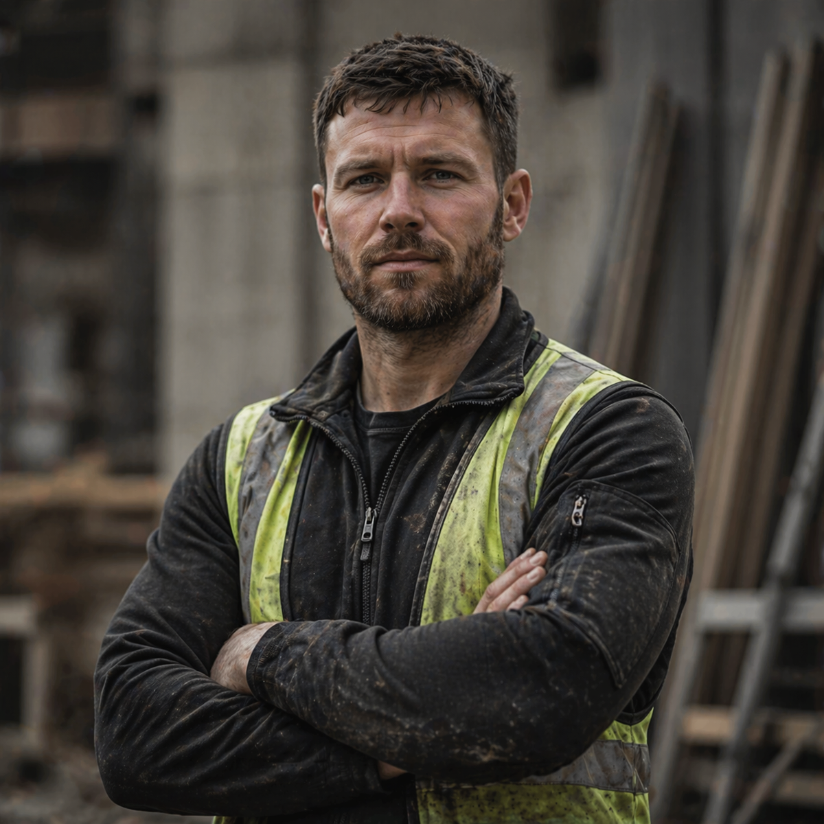 Builder in a hi-vis vest and black Tauro workwear