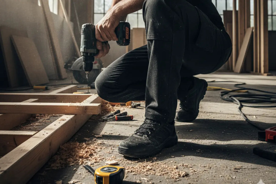 Tradesman kneeling on timber with a drill in black work trousers