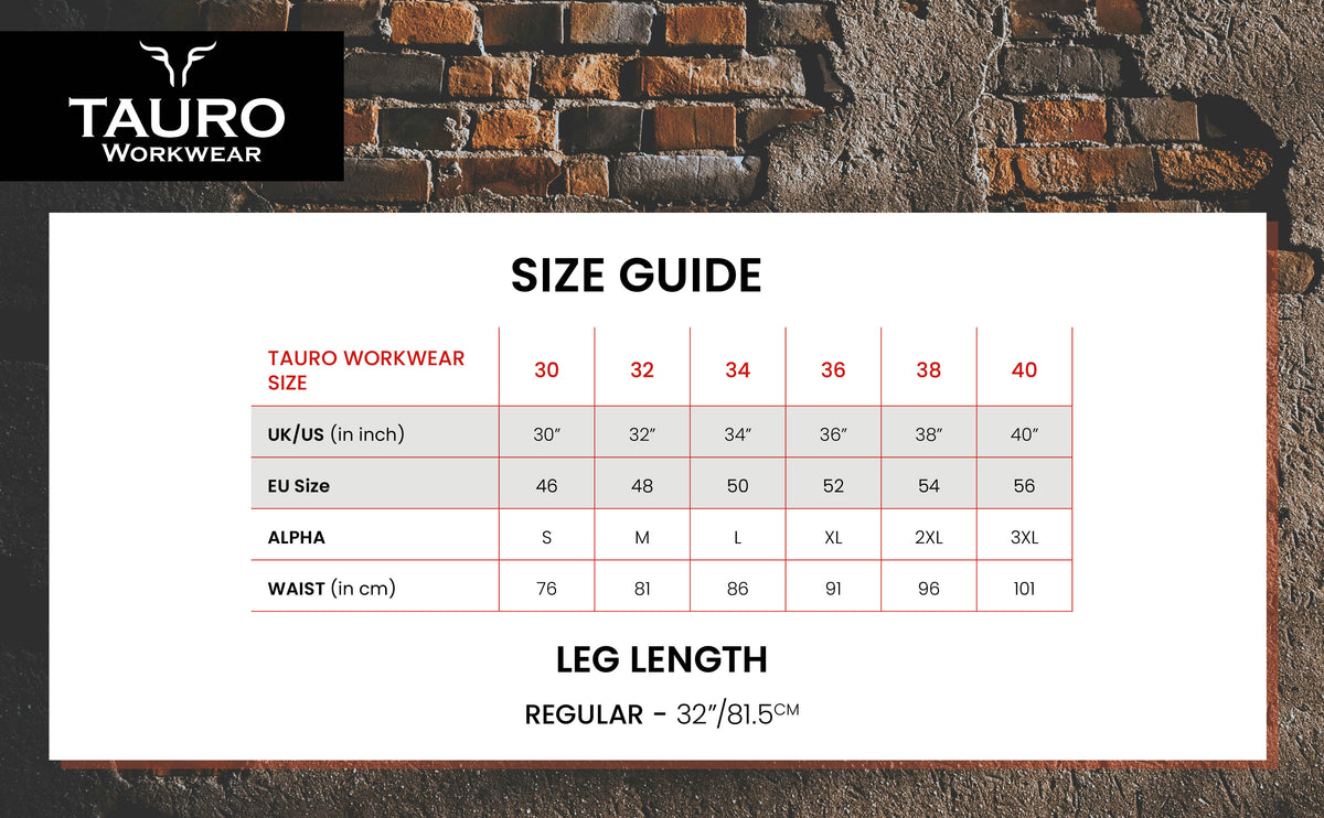 Tauro work trousers size chart