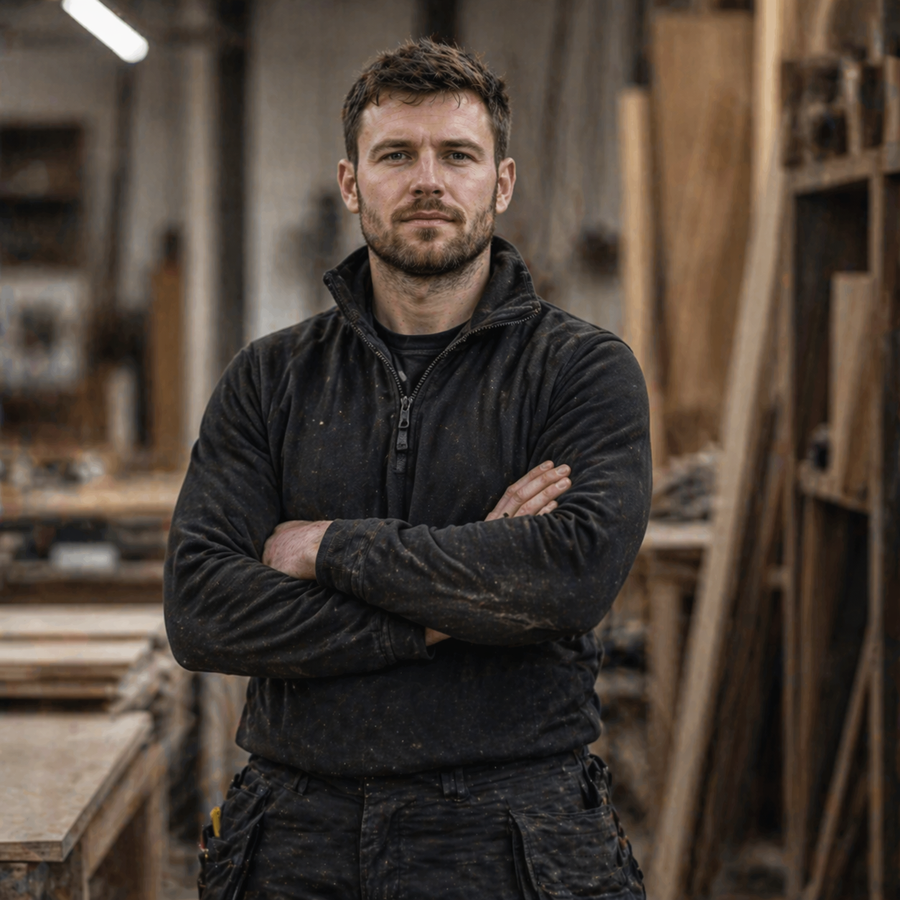 Carpenter in a timber workshop wearing Tauro workwear
