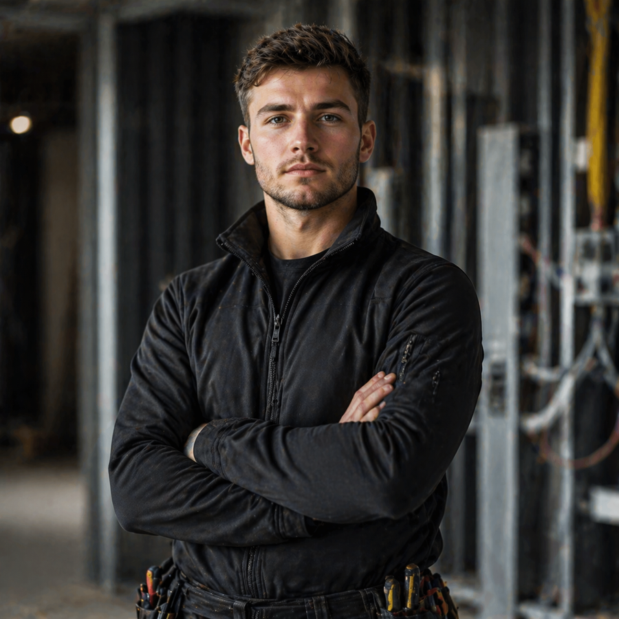 Electrician on site in a black Tauro work jacket and slim fit work trousers